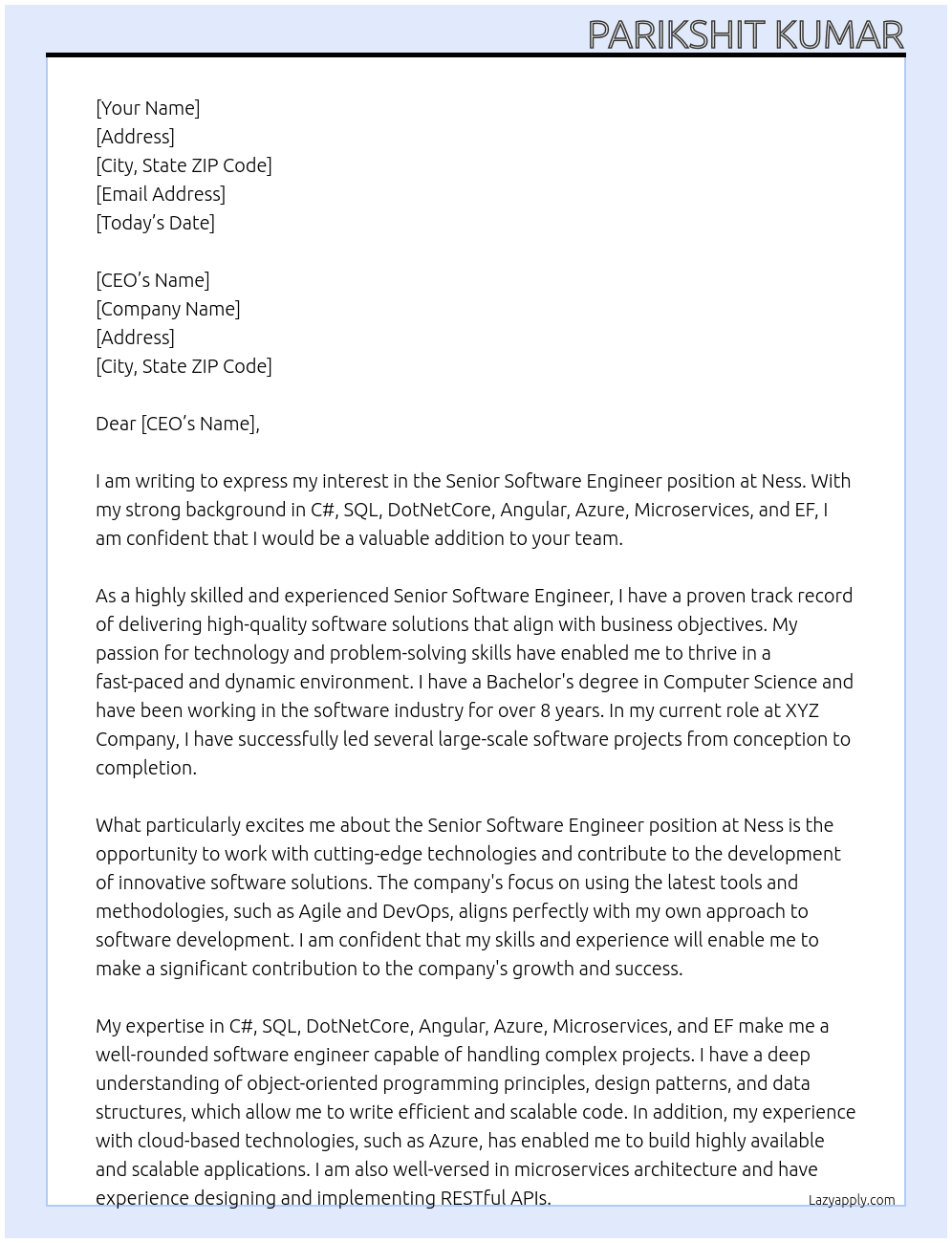 Senior Software Engineer At Ness Cover Letter