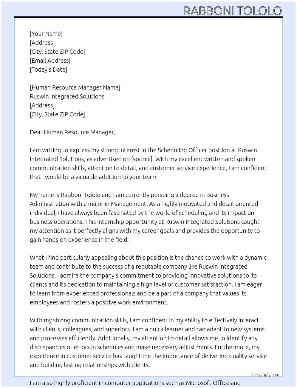 Scheduling Officer At Ruswin Integrated Solutions Cover Letter