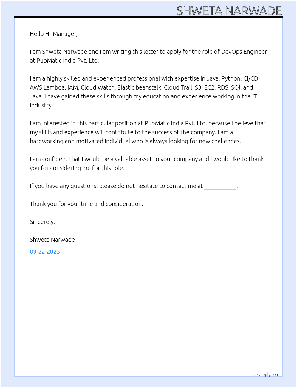 DevOps Engineer At PubMatic India Pvt. Ltd. Cover Letter