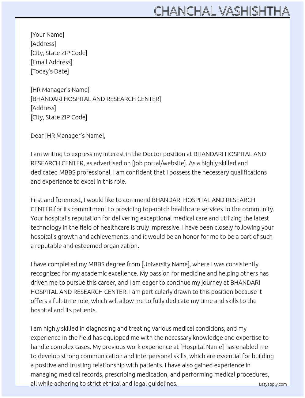 Doctor At BHANDARI HOSPITAL AND RESEARCH CENTER Cover Letter