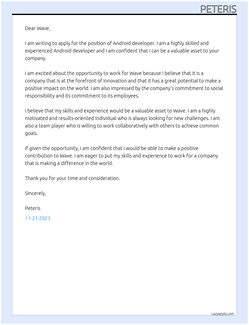 Android developer At Wave Cover Letter