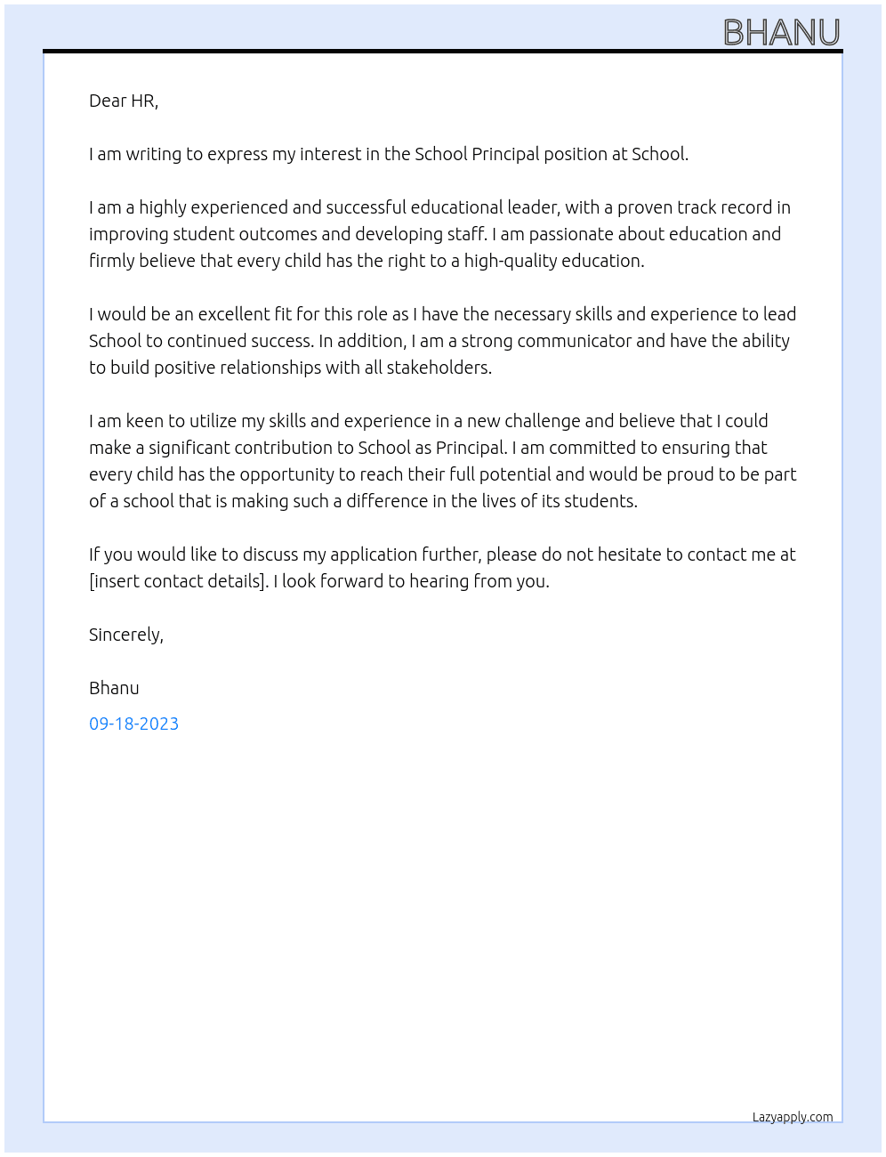 School Principal At School Cover Letter