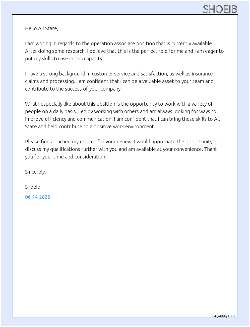 operation associate At All State Cover Letter