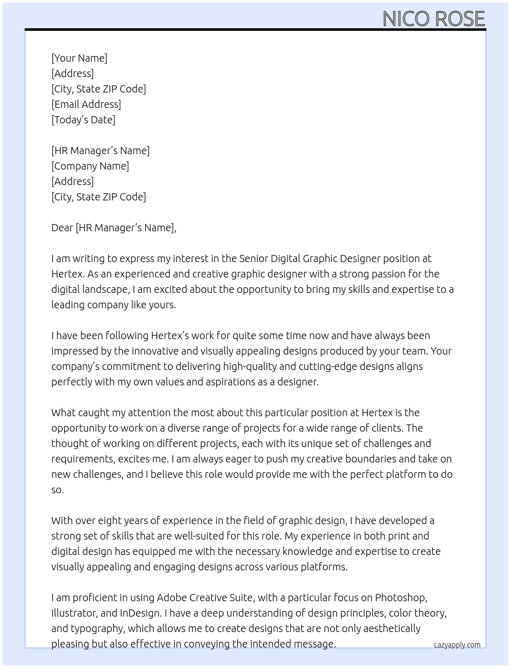 Senior Digital Graphic Designer At Hertex Cover Letter