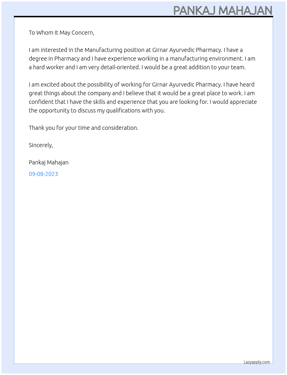 manufacturing  At manufacturing  Cover Letter