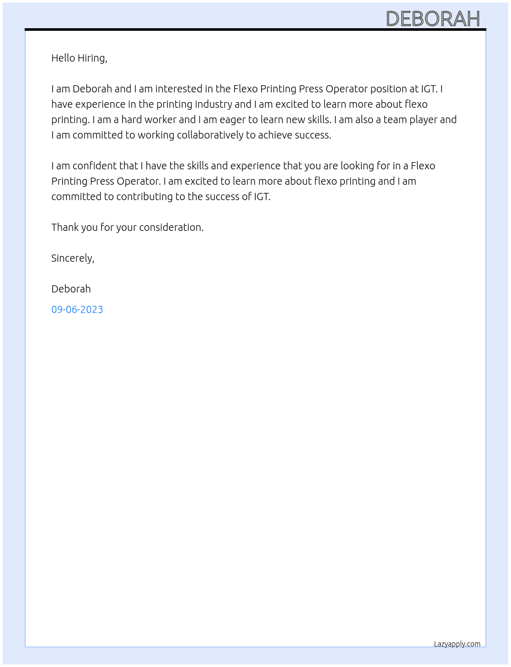 Flexo Printing Press Operator At IGT Cover Letter