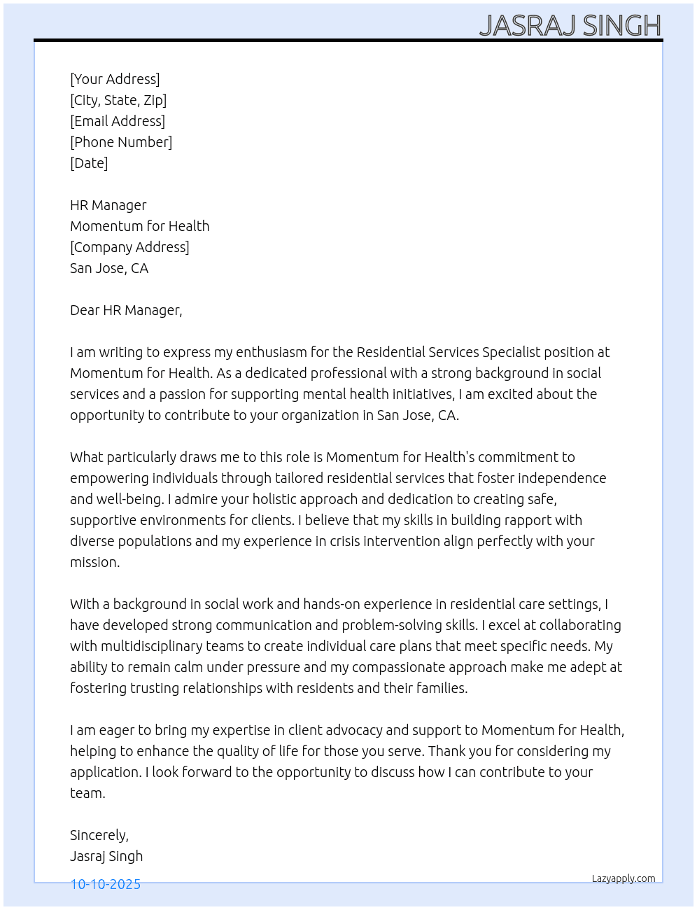 Residential Services Specialist At Momentum for Health Cover Letter