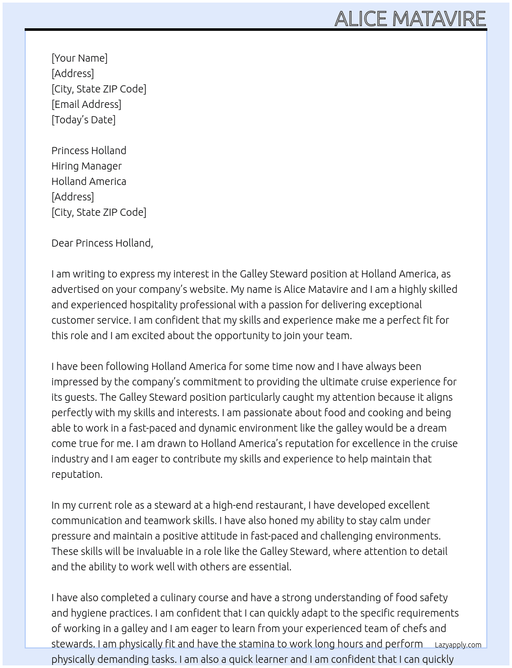 Galley steward  At Holland America  Cover Letter