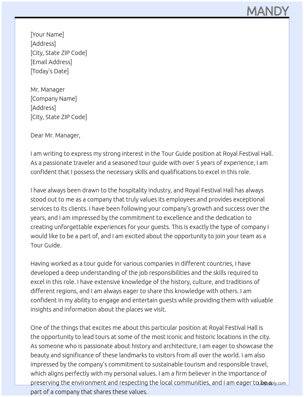 tour guide At Royal Festival Hall Cover Letter