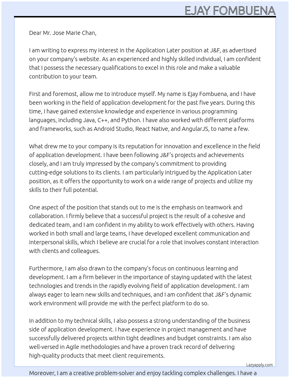 Application later  At J&F Cover Letter