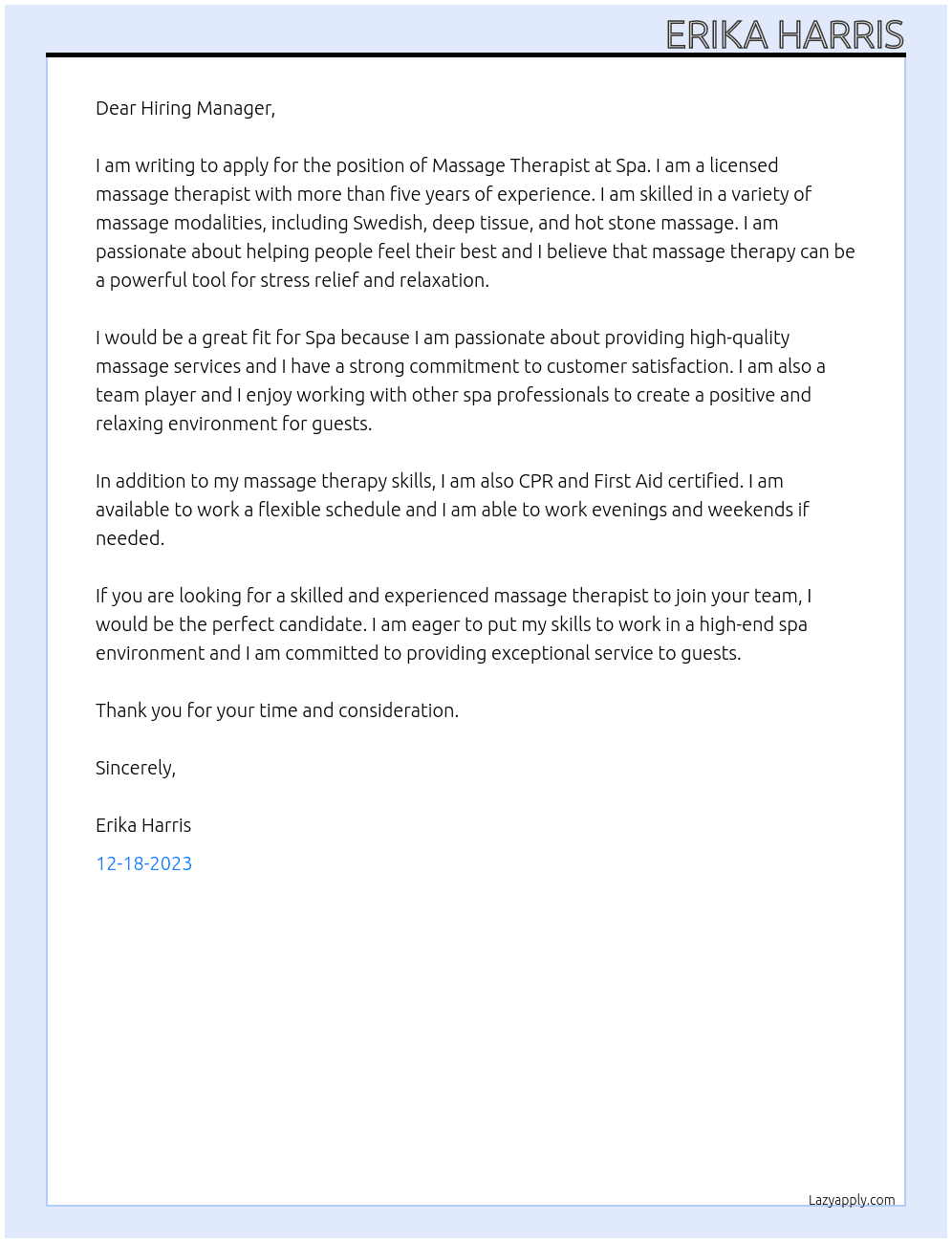 Massage Therapist  At Spa Cover Letter