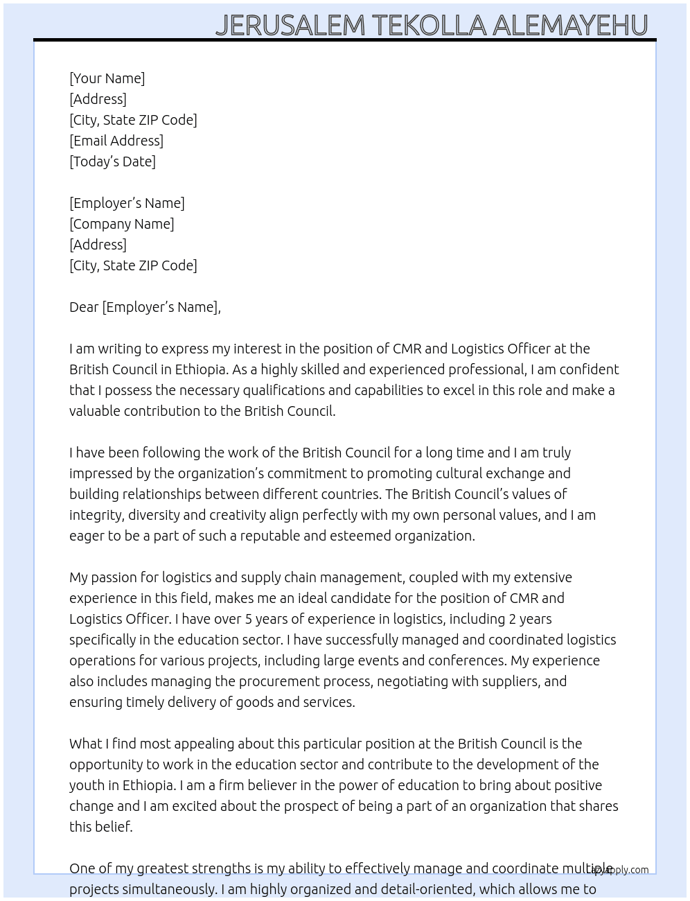 CMR and Logistics Officer - ETHIOPIA At British Council  Cover Letter