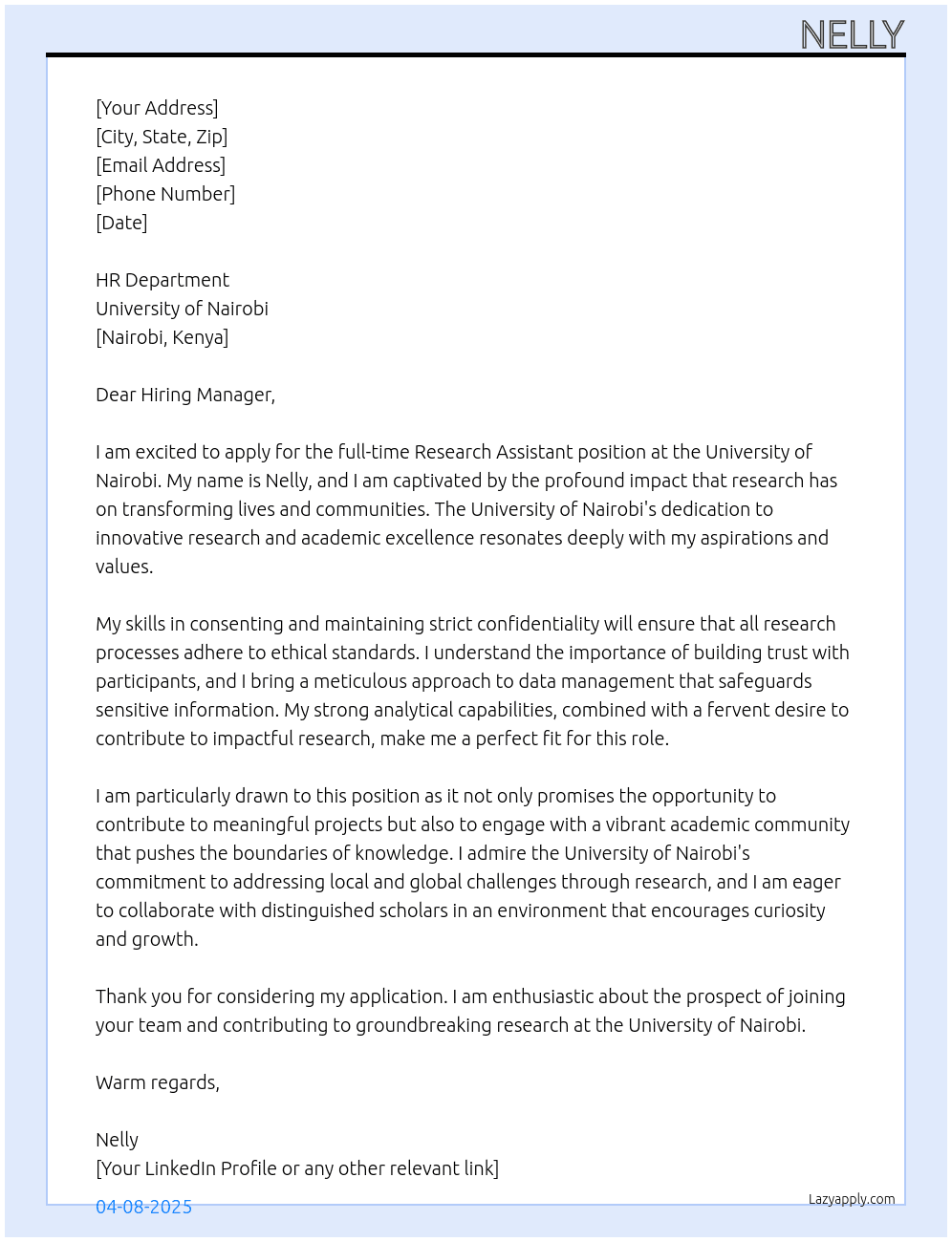 Research Assistant  At University of Nairobi  Cover Letter