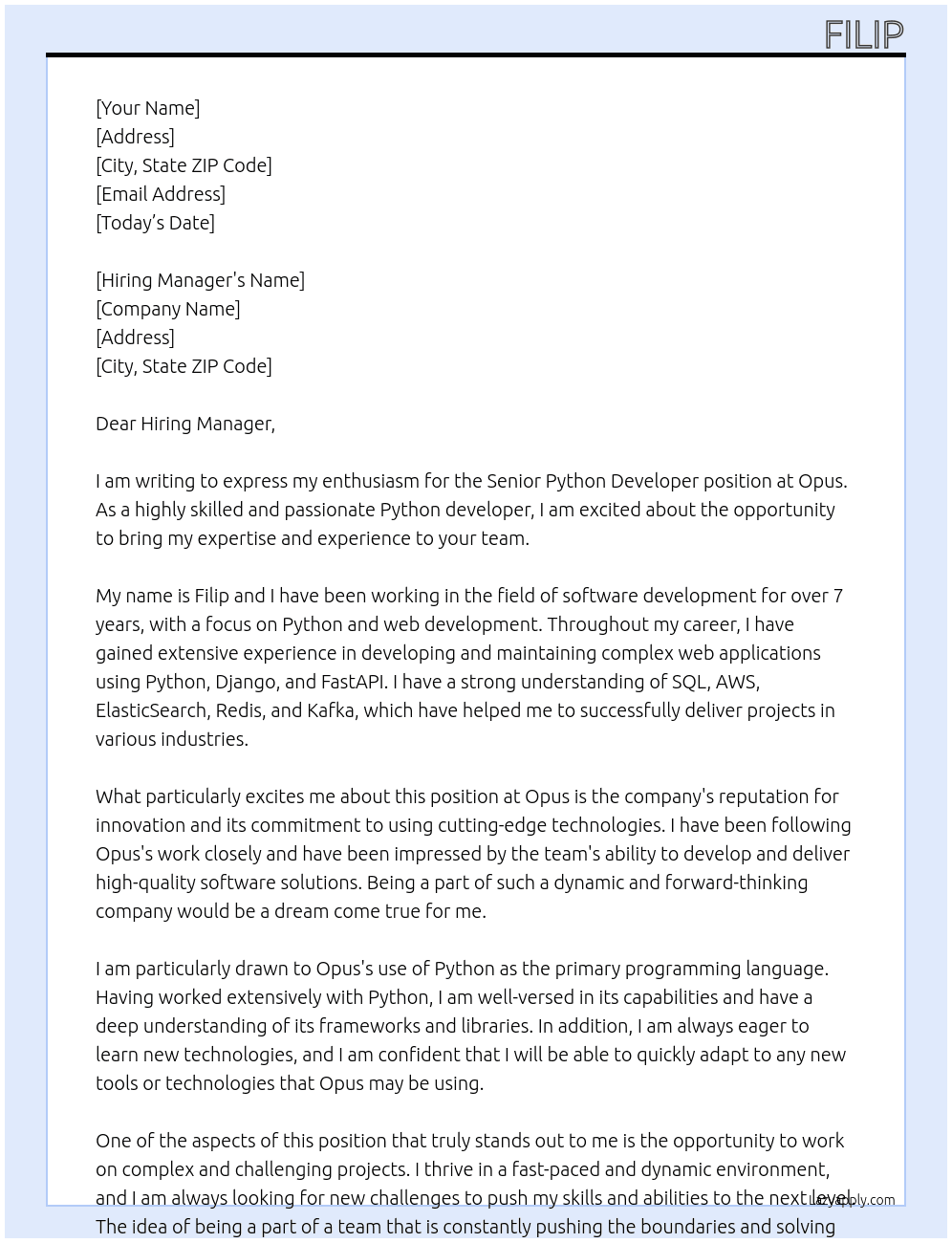 SENIOR PYTHON DEVELOPER At Opus Cover Letter