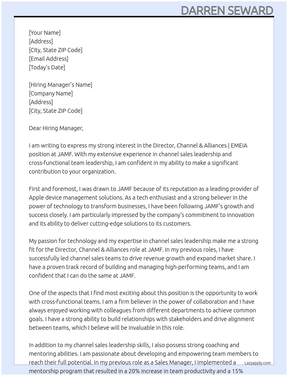 Director, Channel & Alliances | EMEIA At JAMF Cover Letter