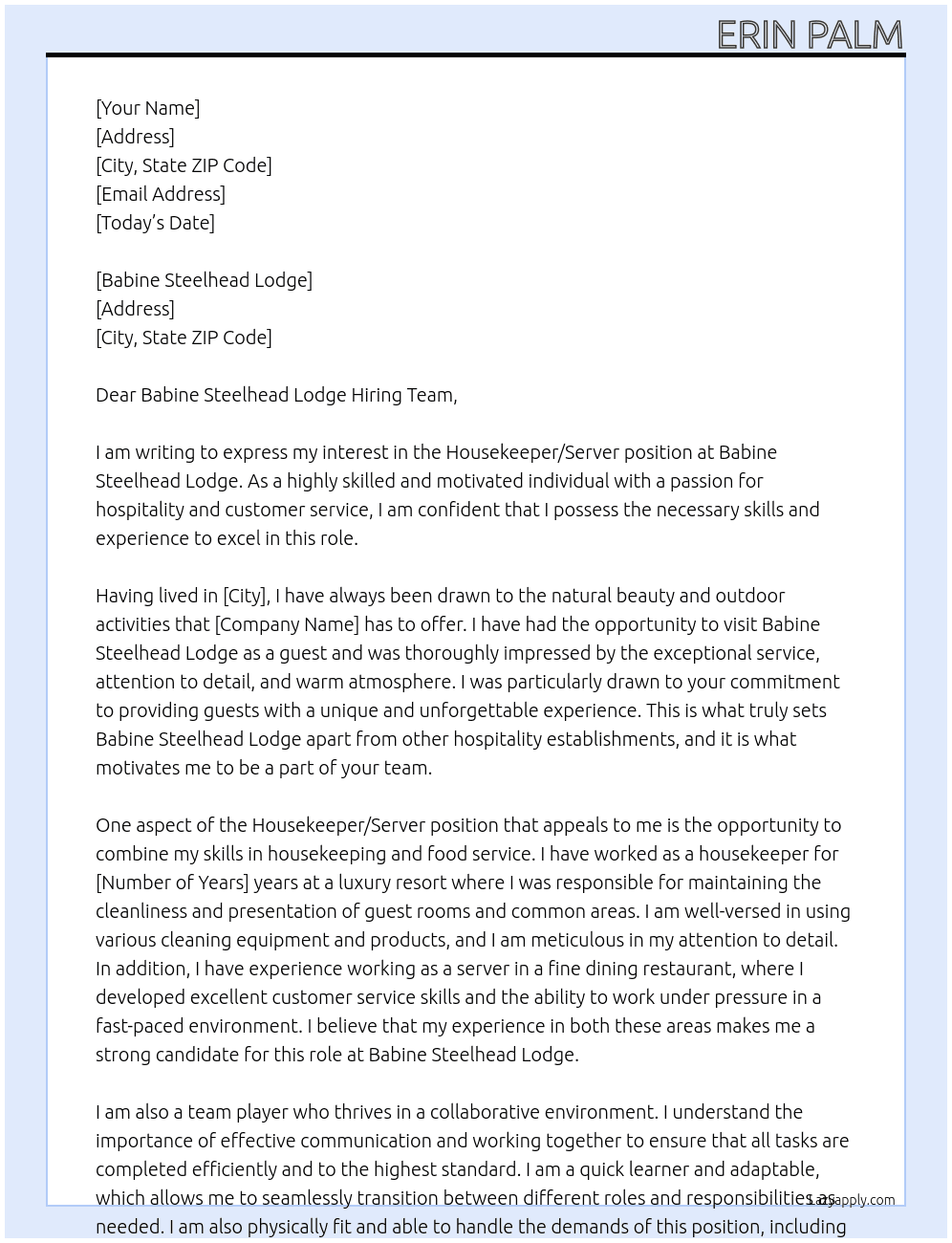 Housekeeper/server At Babine Steelhead Lodge Cover Letter