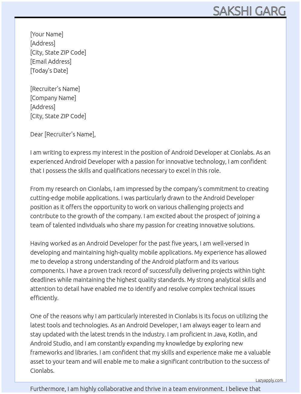 Android developer At cionlabs Cover Letter