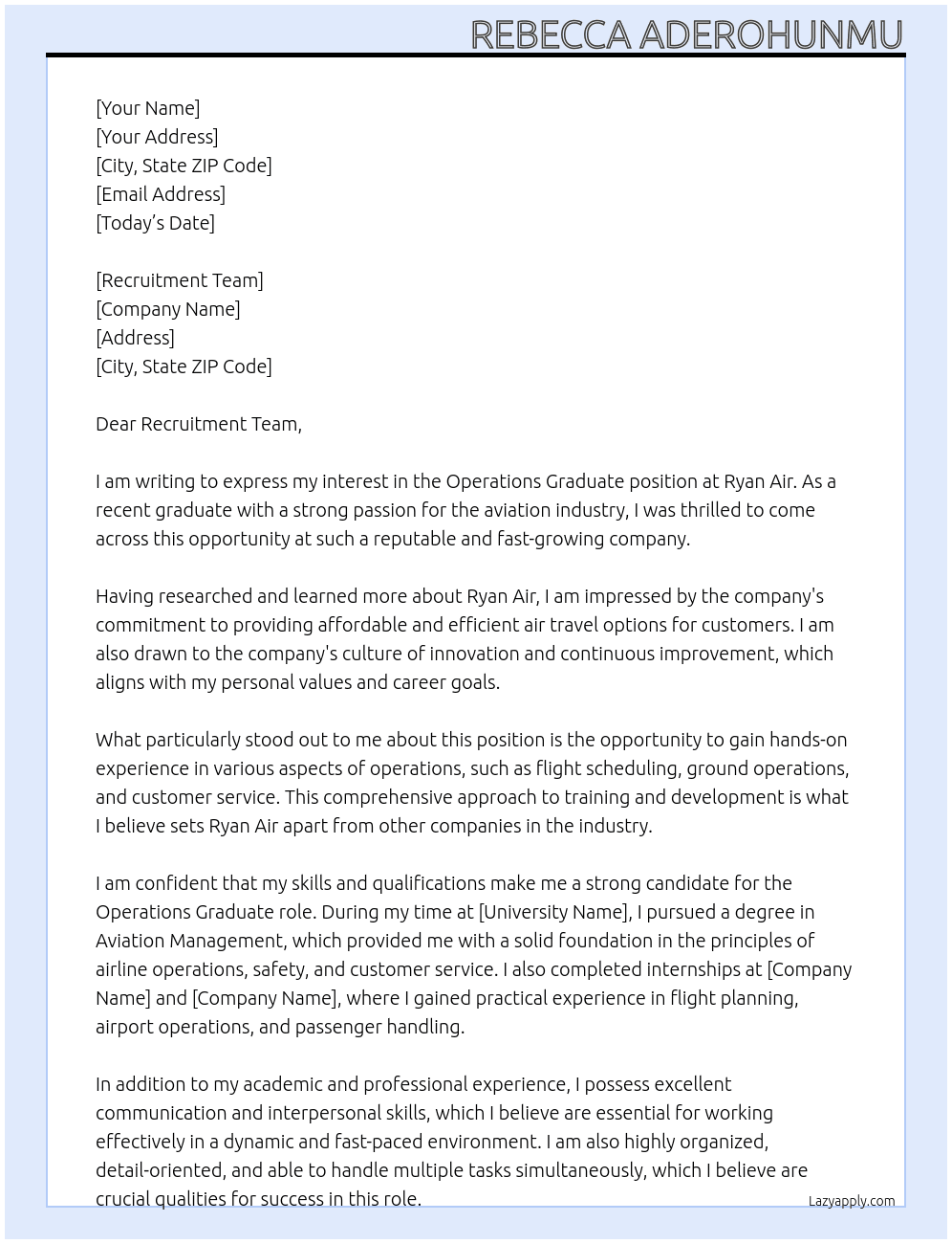 operations graduate At Ryan Air Cover Letter