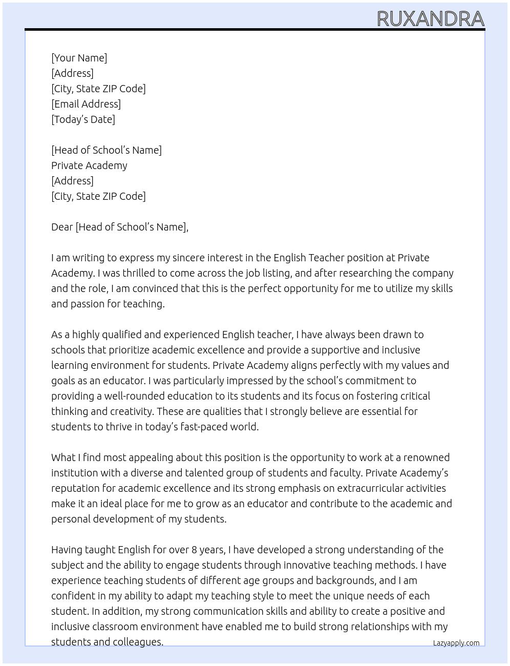 English Teacher At Private Academy Cover Letter