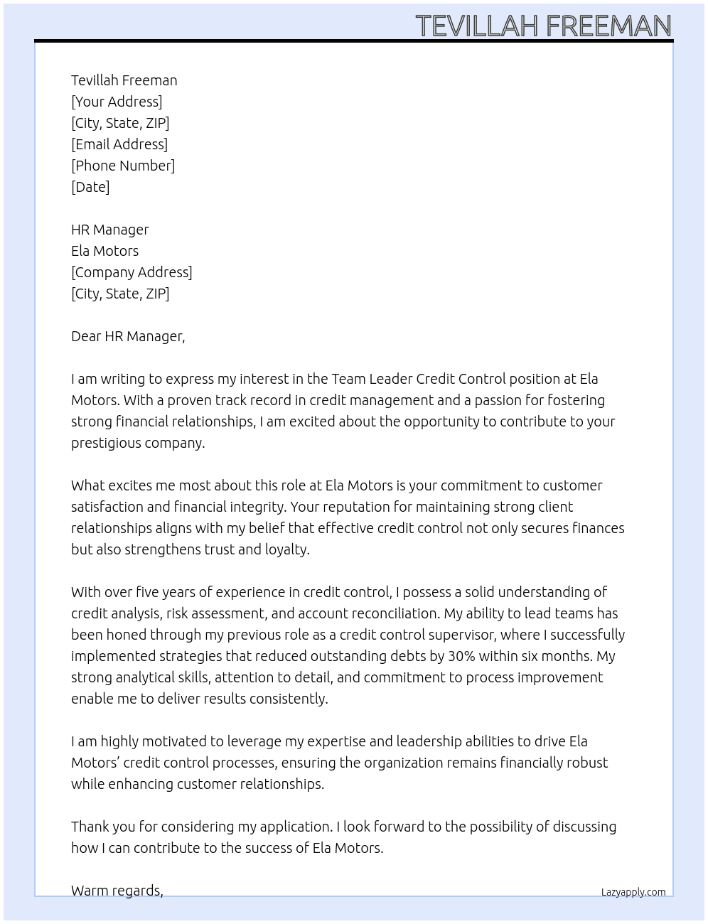 Team Leader Credit control At Ela Motors Cover Letter