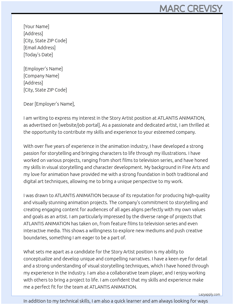 story artist At ATLANTIS ANIMATION Cover Letter