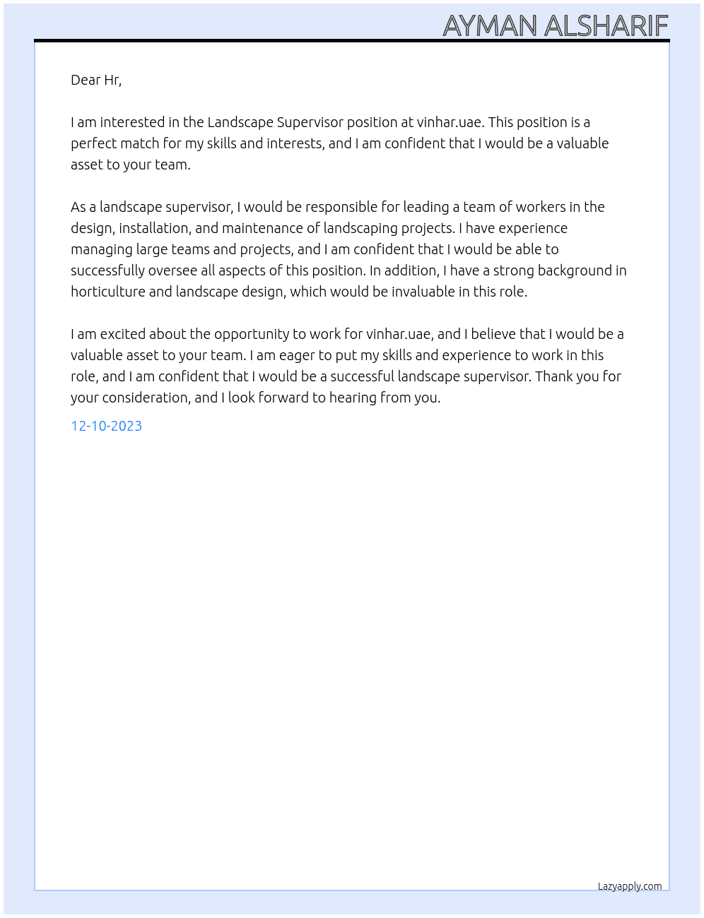 Landscape Supervisor At vinhar.uae Cover Letter