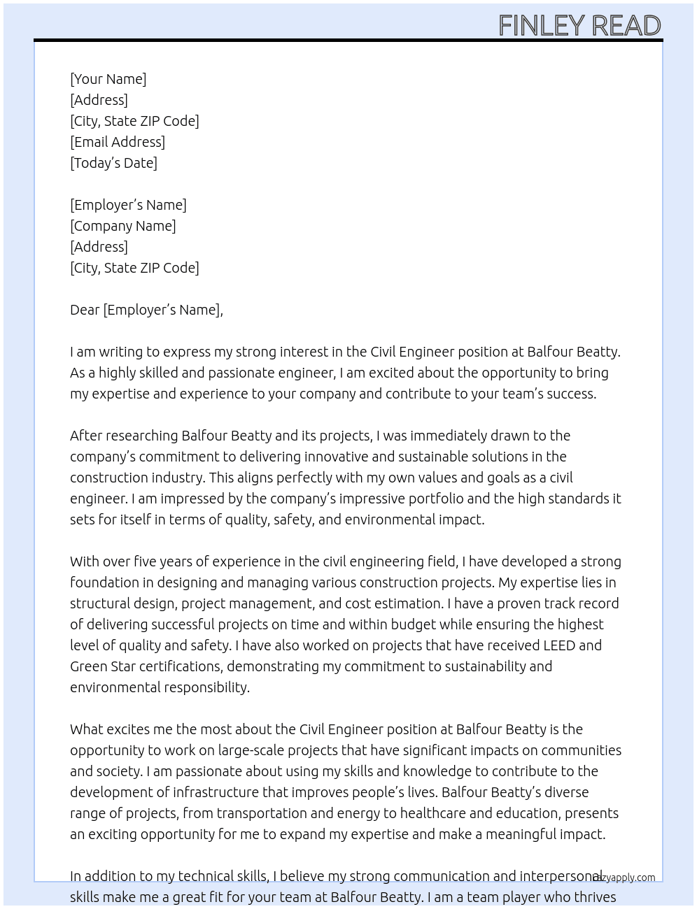 Civil Engineer  At Balfour Beatty Cover Letter