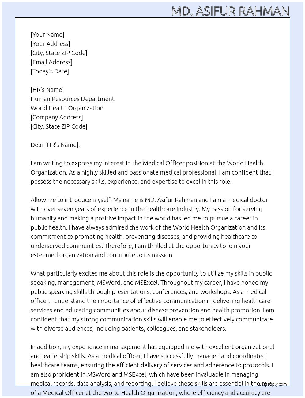 Medical Officer At World Health Organization  Cover Letter