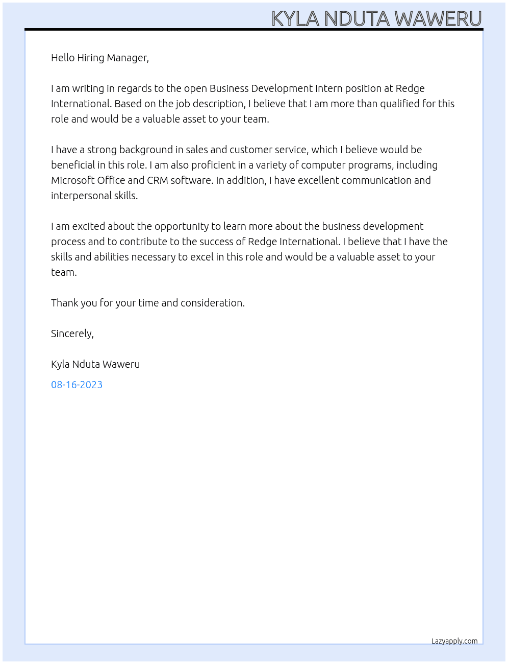 BUSINESS DEVELOPMENT INTERN At Redge International Cover Letter
