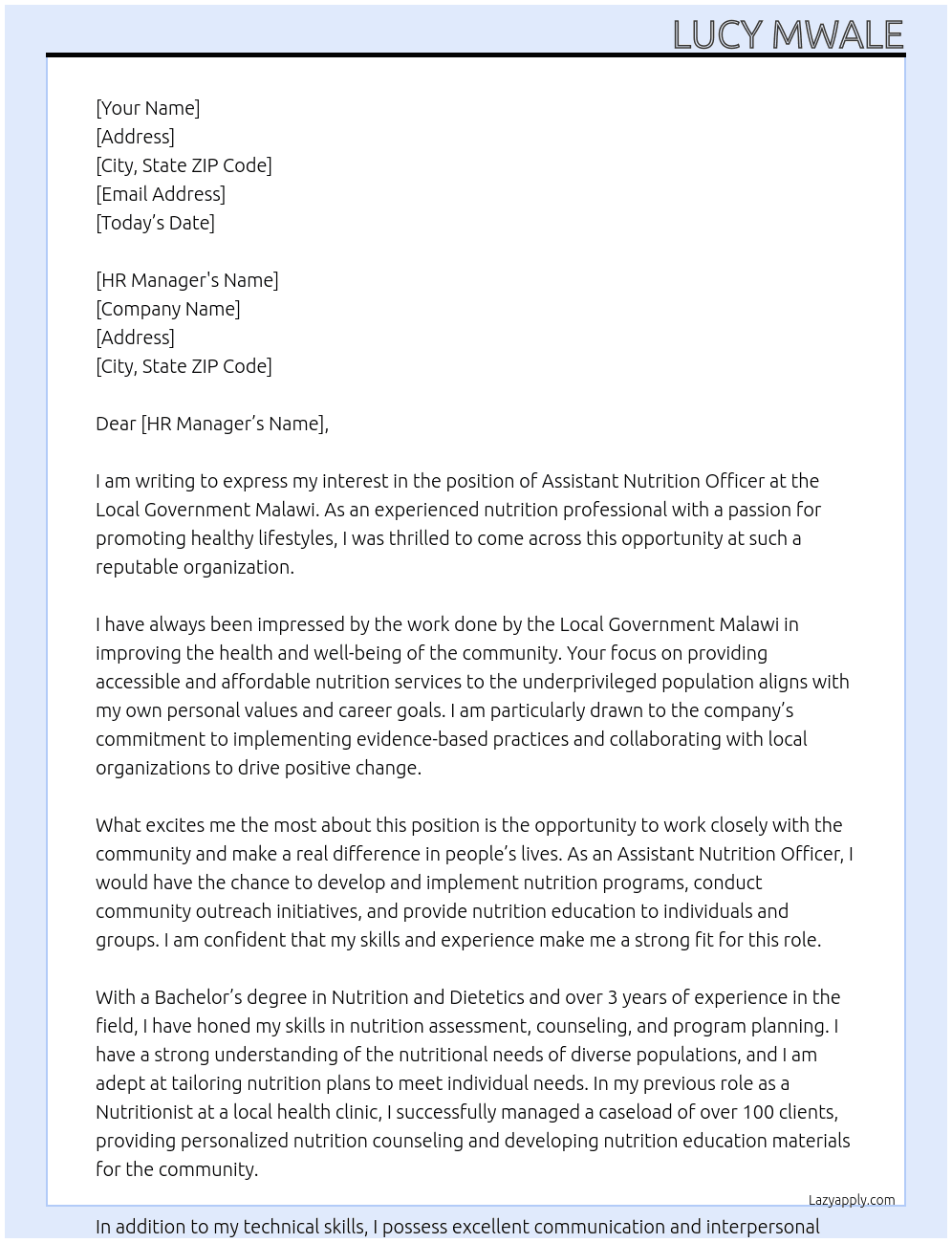Assistant Nutrition Officer At Local Government Malawi Cover Letter