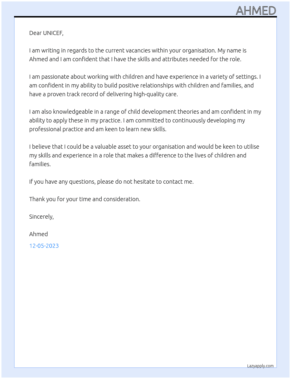 Current vacancies At UNISEF Cover Letter