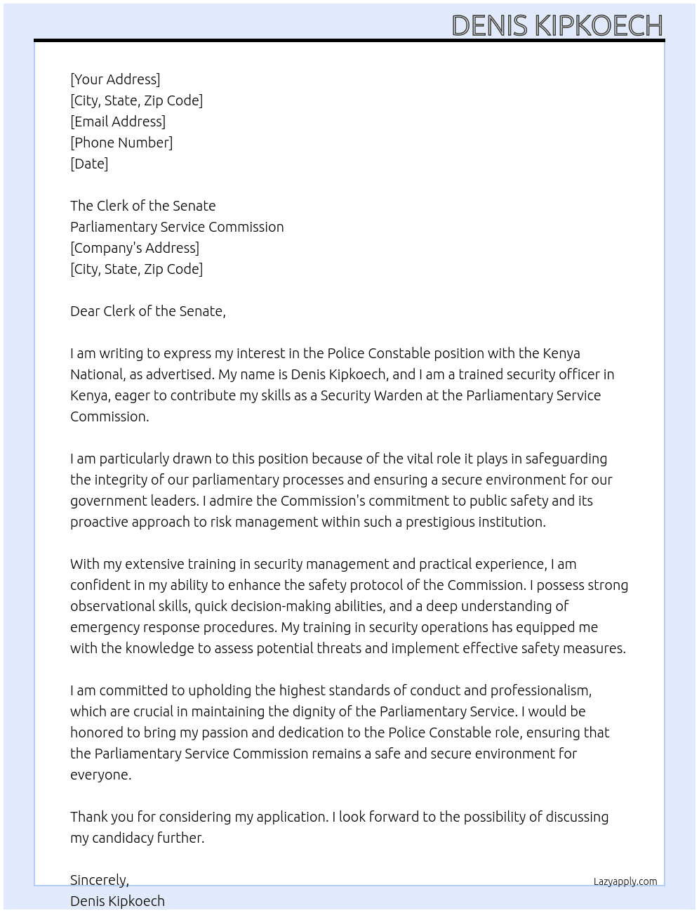Police Constable At Kenya National  Cover Letter