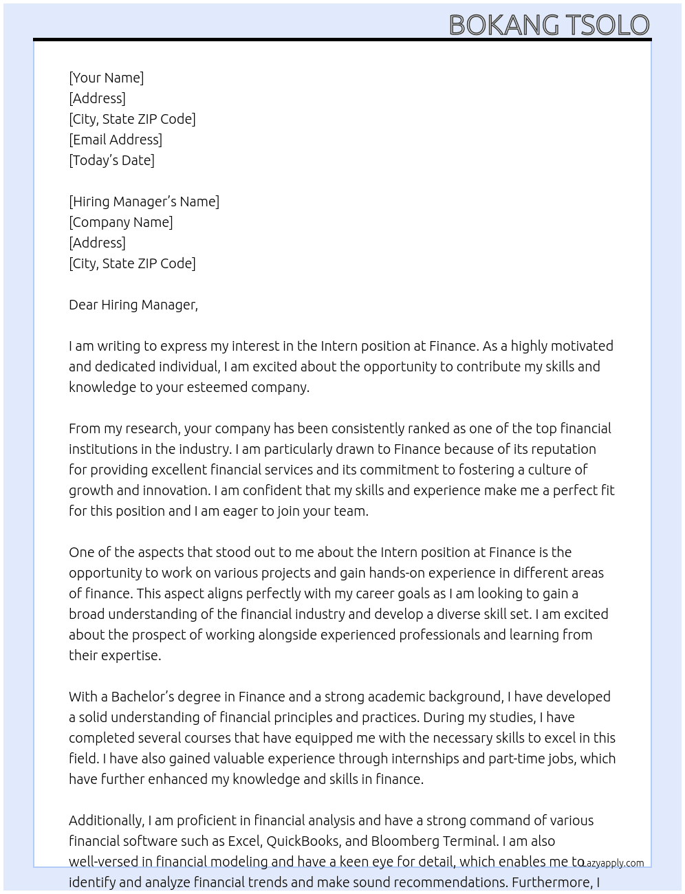 Intern At Finance Cover Letter