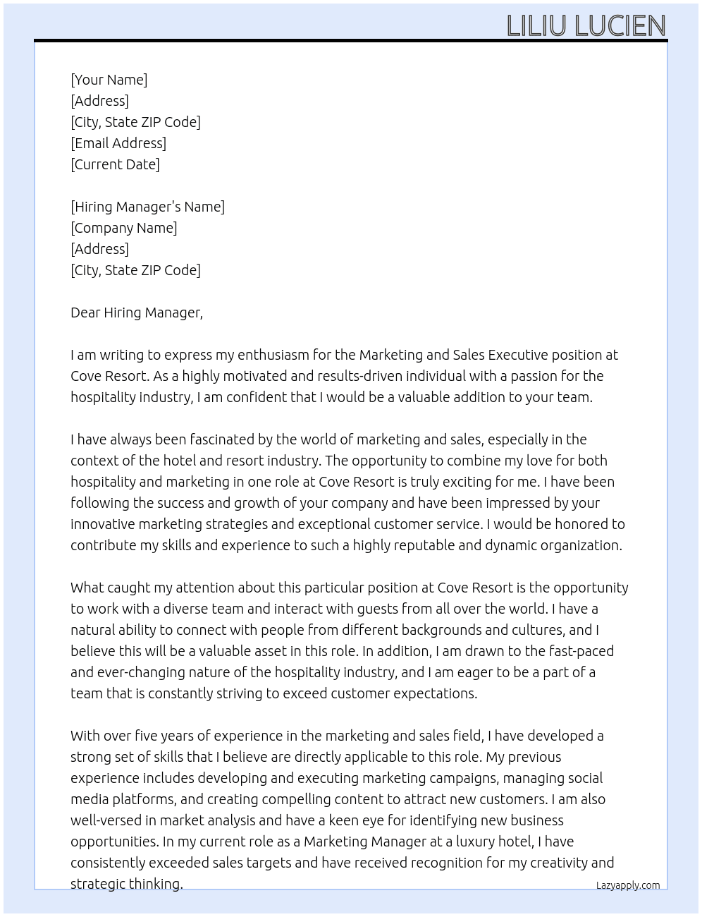 Marketing and Sales Executive At Cove Resort Cover Letter