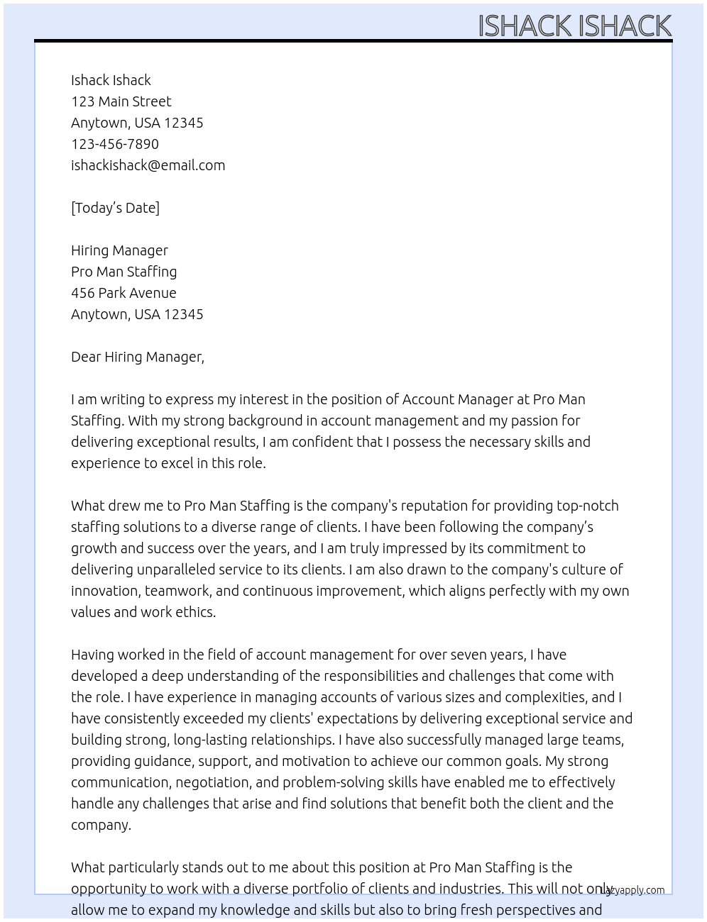 Account Manager At Pro man staffing Cover Letter
