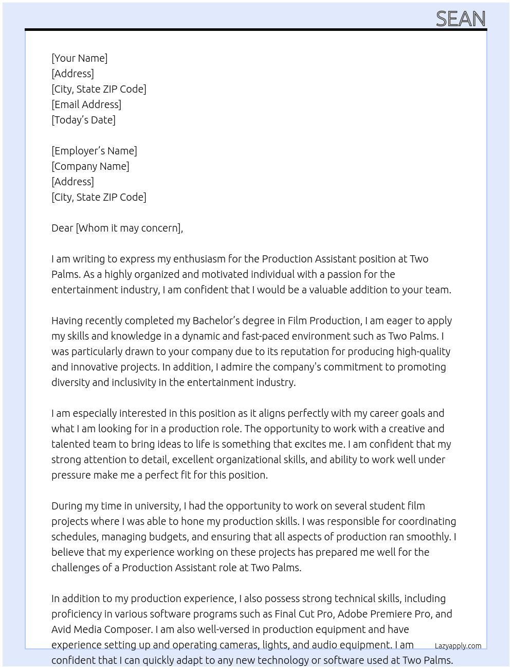 Production Assistant At Two Palms Cover Letter