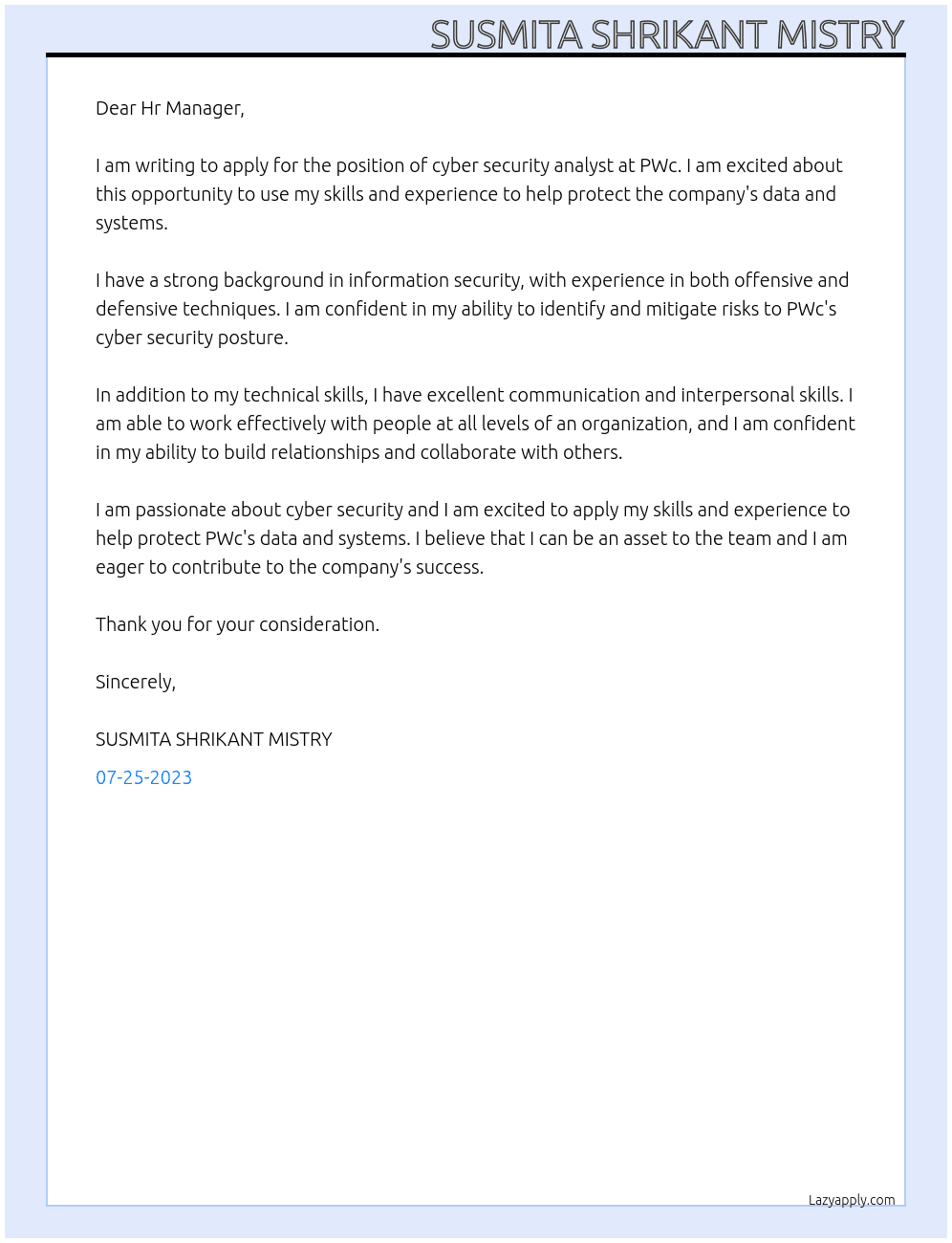 cyber security analyst At PWc Cover Letter