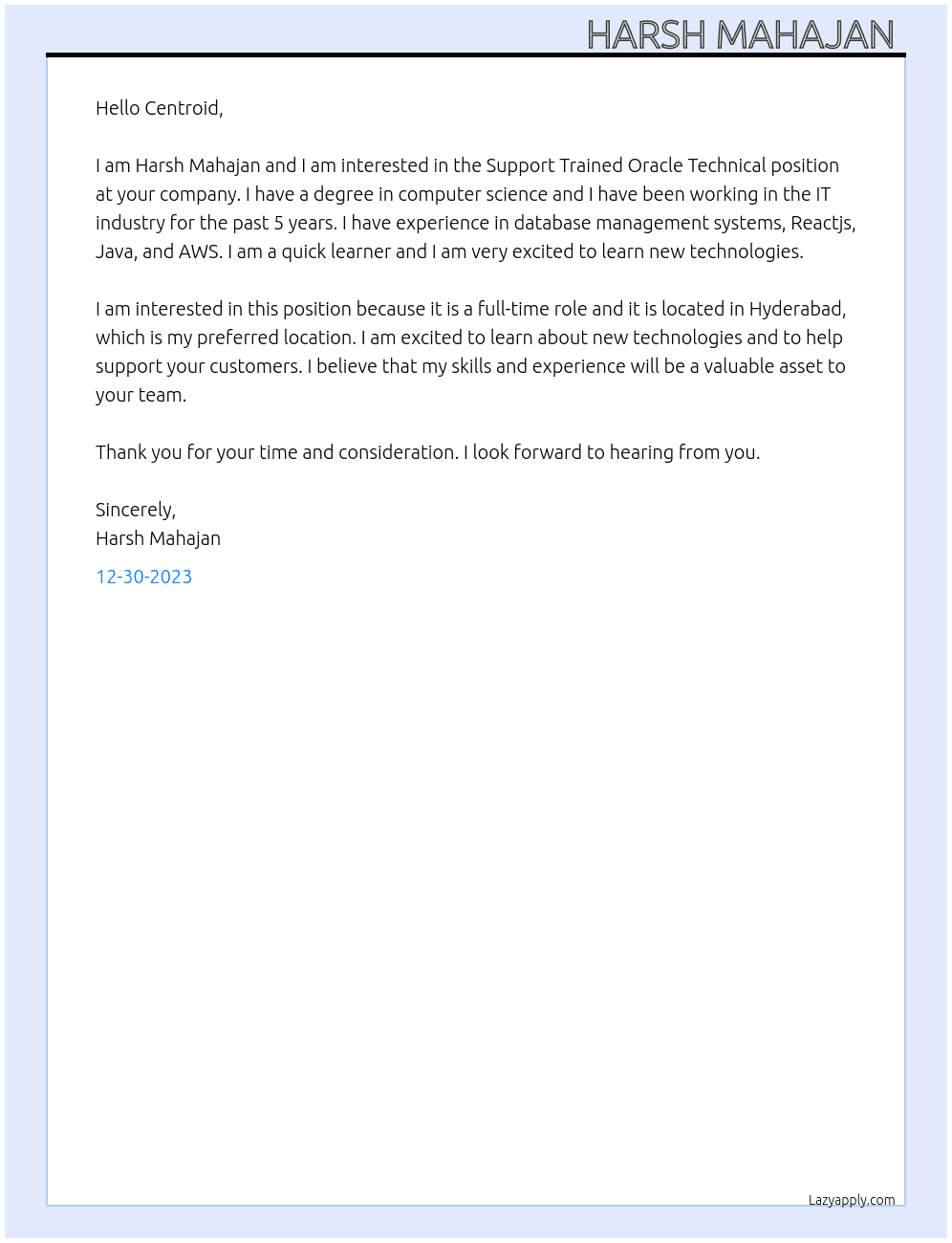 Support Trained Oracle Technical  At Centroid Cover Letter