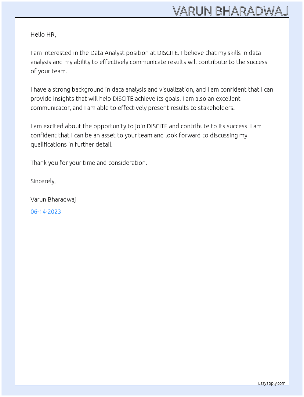 Data Analyst At DISCITE Cover Letter