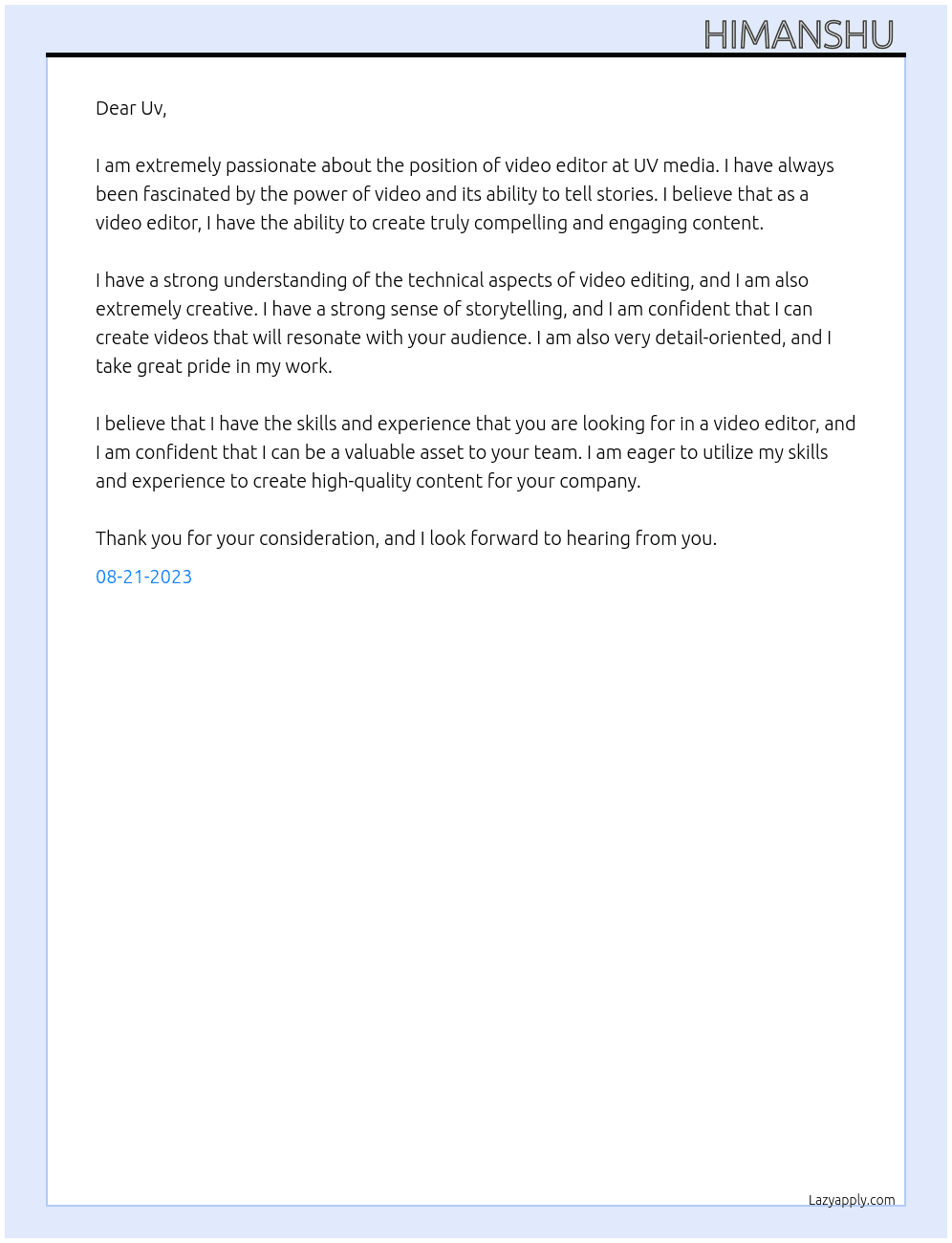 Video Editor  At UV media Cover Letter