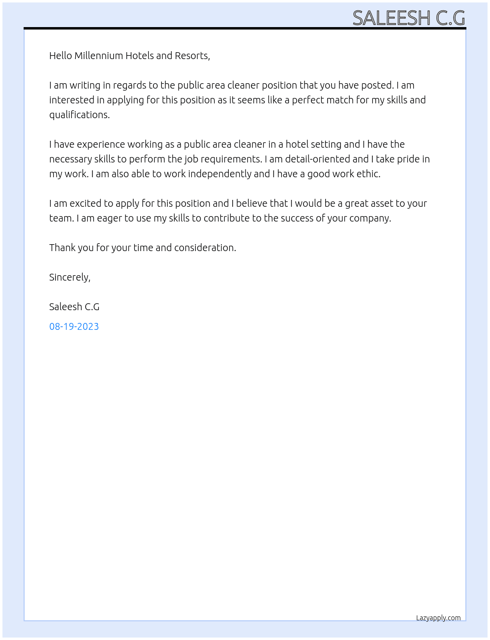 Public Area Cleaner At Millennium Hotels and Resorts Cover Letter