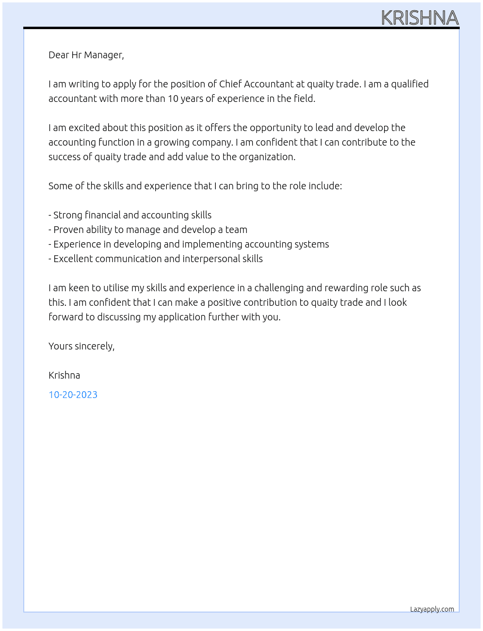 Chief Accountant At quaity trade Cover Letter