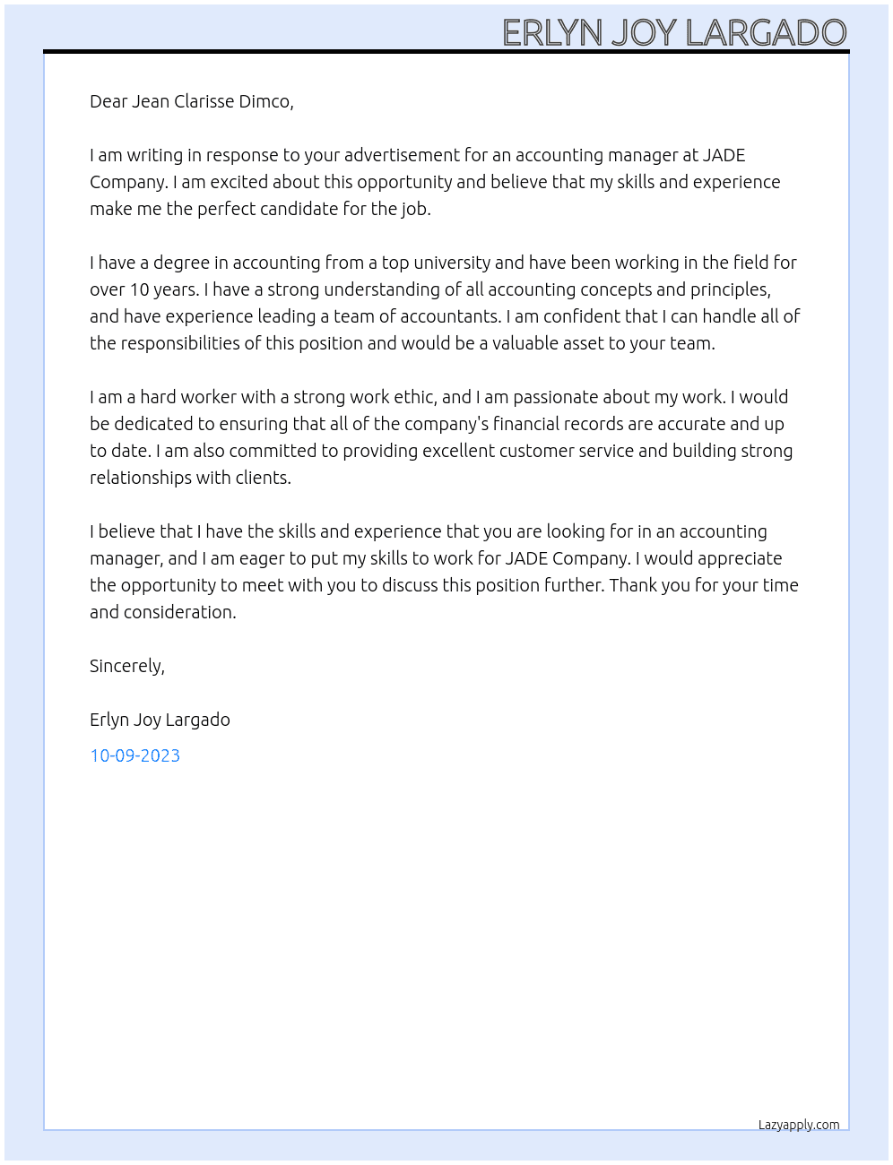 accounting manager At JADE Company Cover Letter