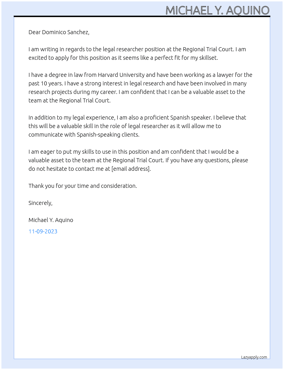 legal researcher At Regional Trial Court Cover Letter