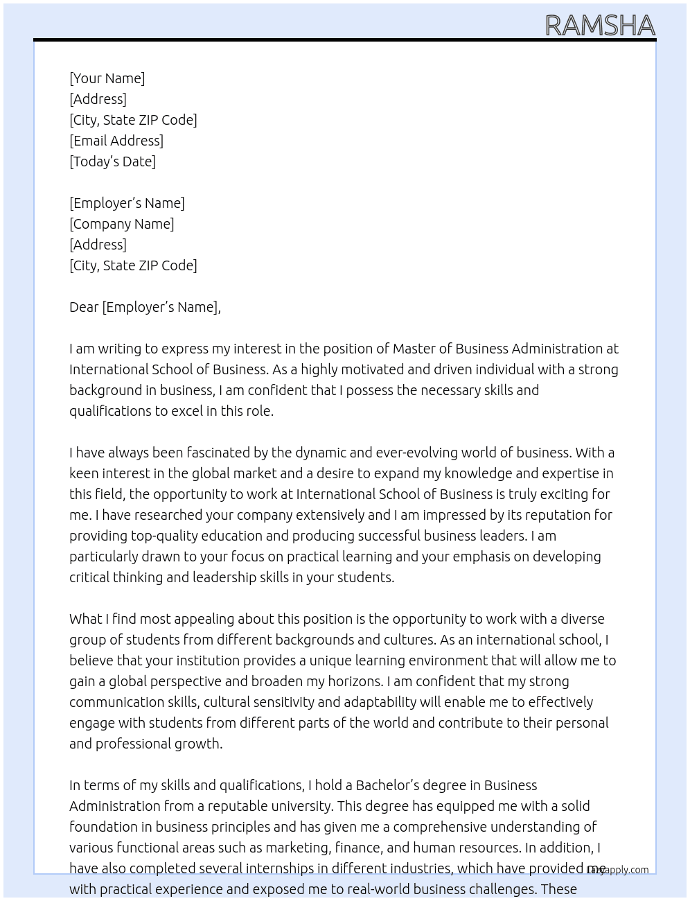 master of business adminstration At International school of business Cover Letter