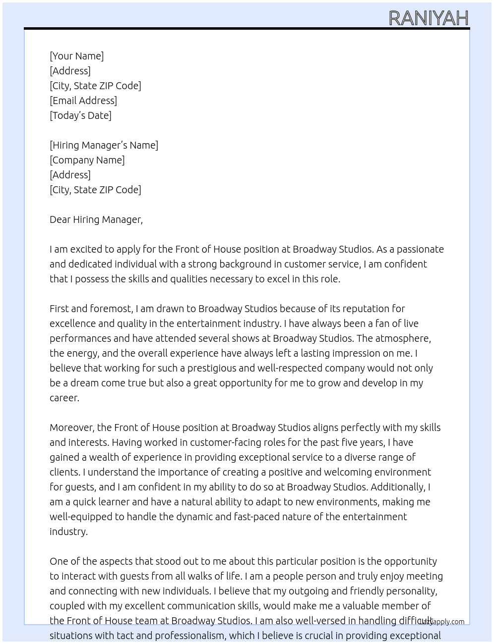 Front of house At Broadway studios Cover Letter