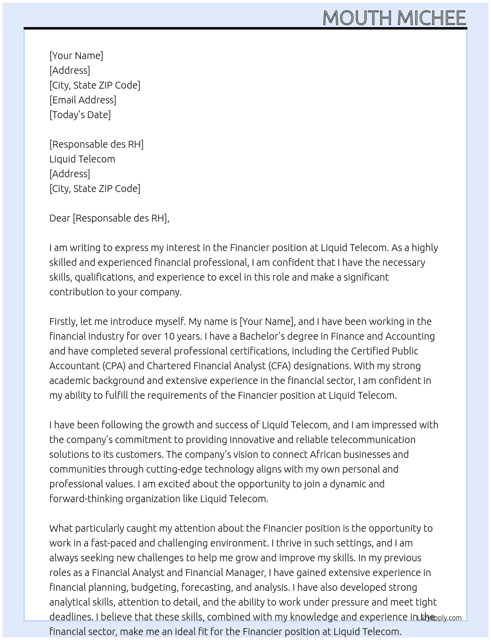 Financier At Liquid Telecom Cover Letter