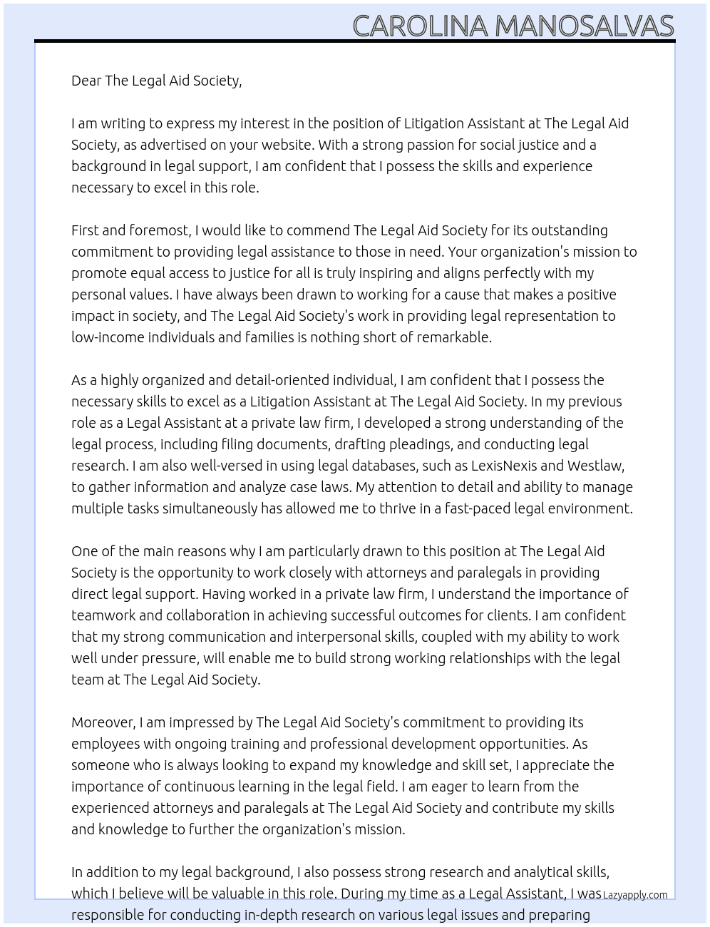 Ligitation assistant At The Legal Aid Society Cover Letter