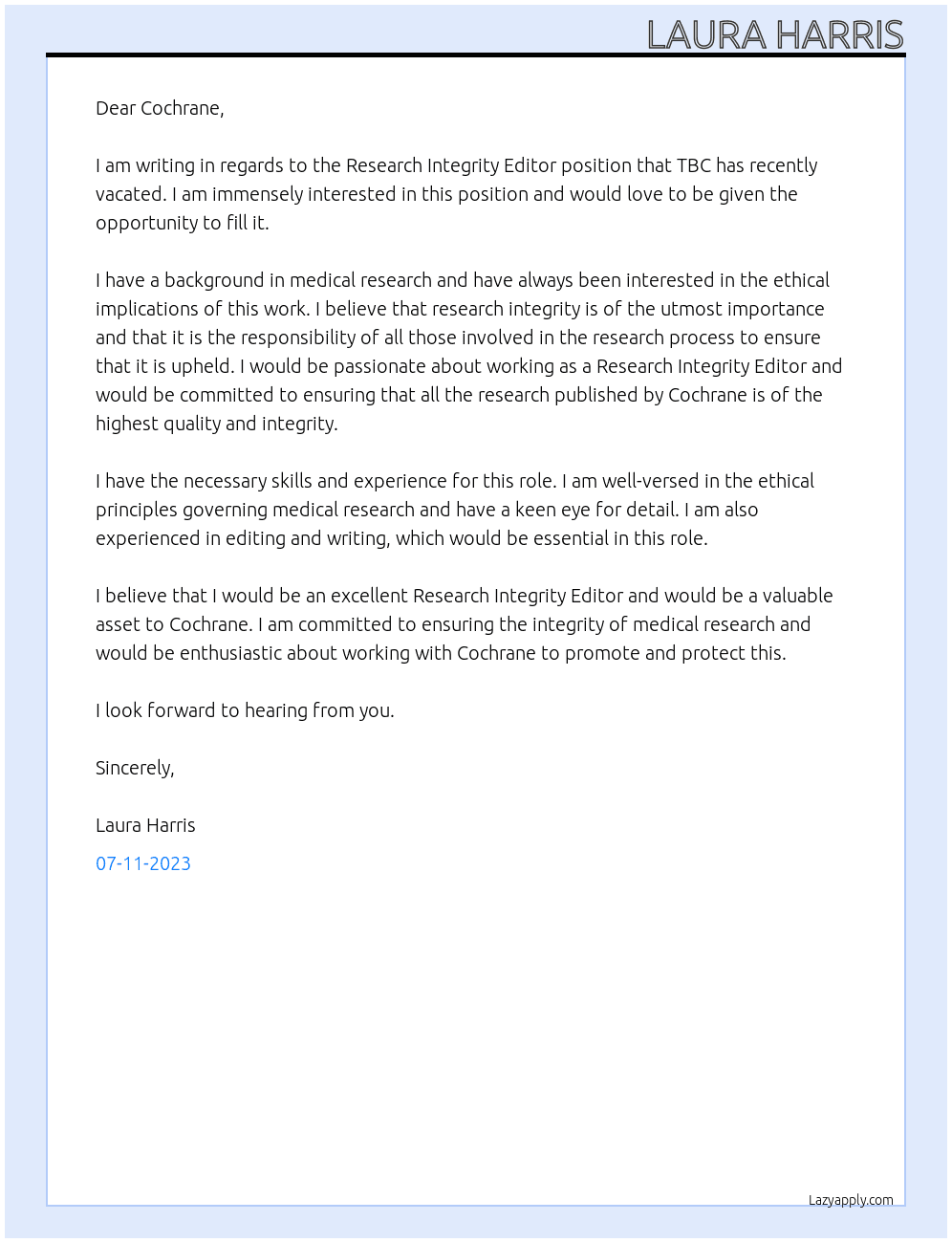 Research Integrity Editor At Cochrane Cover Letter