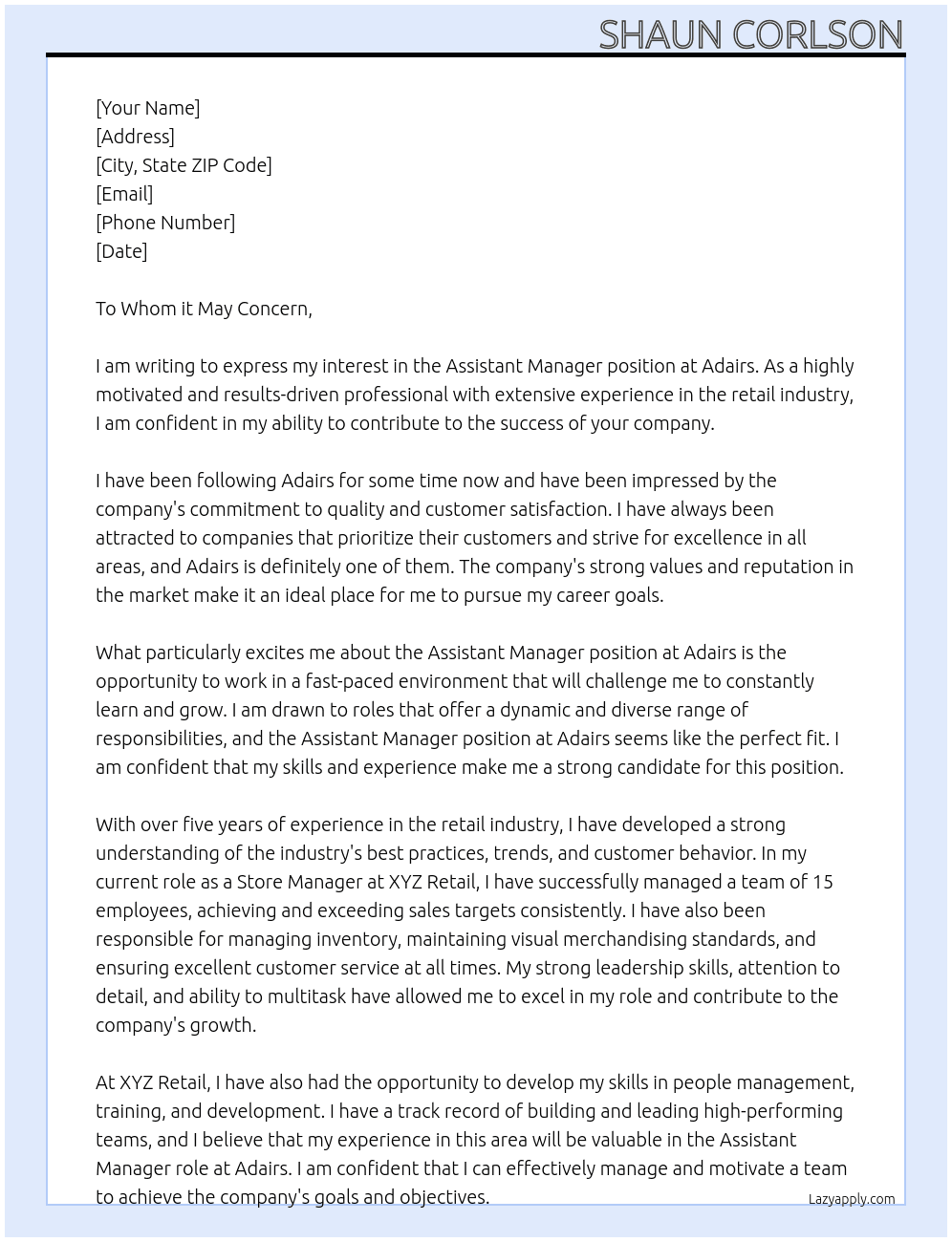 Assistant Manager At Adairs Cover Letter